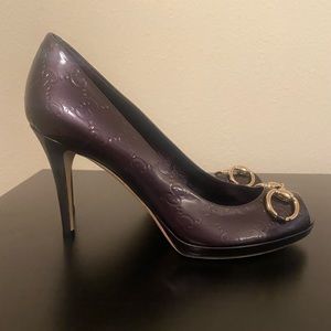 Gucci Purple GG Patent Leather Horsebit Peep Toe Pumps
